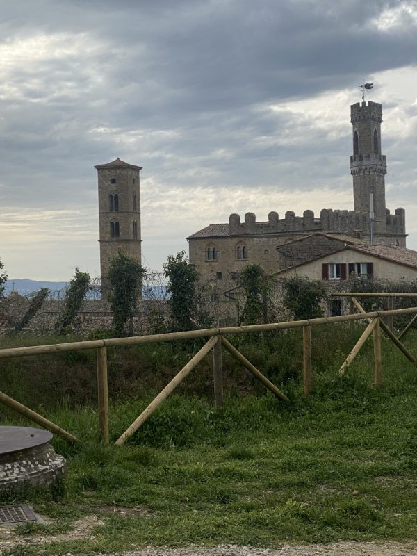 Veduta di un paesaggio medievale con torri storiche e un edificio in pietra, circondato da vegetazione e una staccionata in legno